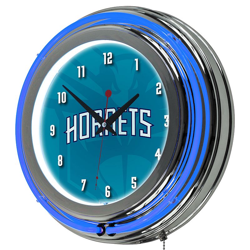 Charlotte Hornets Chrome Double-Ring Neon Wall Clock, Blue