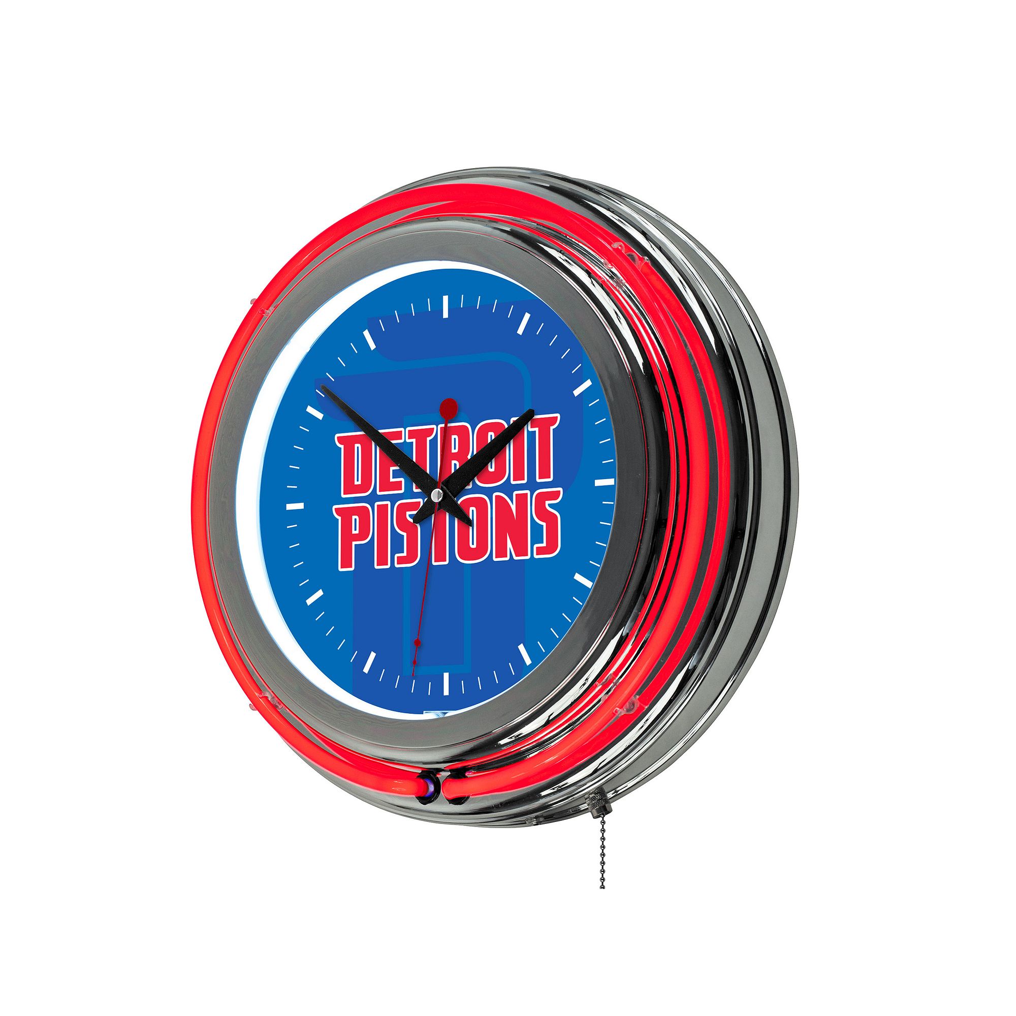 Detroit Pistons Chrome Double-Ring Neon Wall Clock, Pis Blue