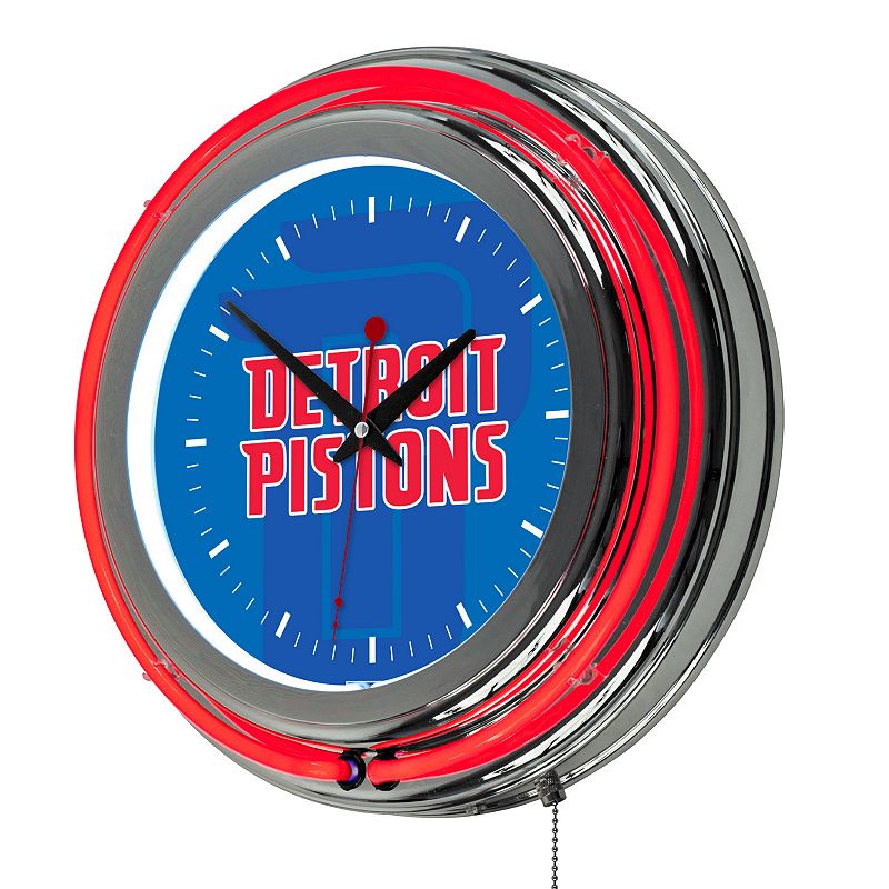 Detroit Pistons Chrome Double-Ring Neon Wall Clock, Blue