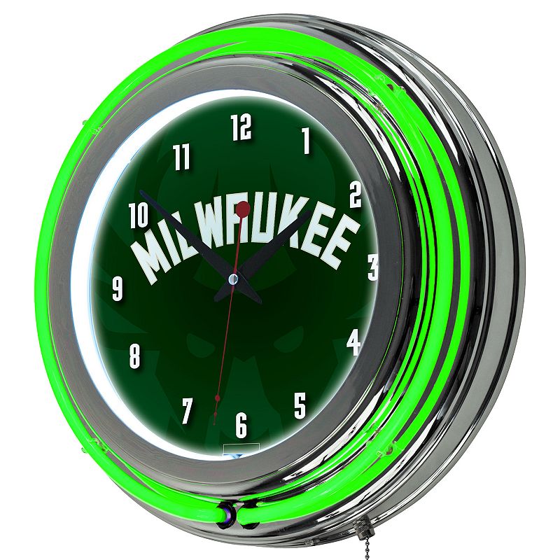 Milwaukee Bucks Chrome Double-Ring Neon Wall Clock, Green