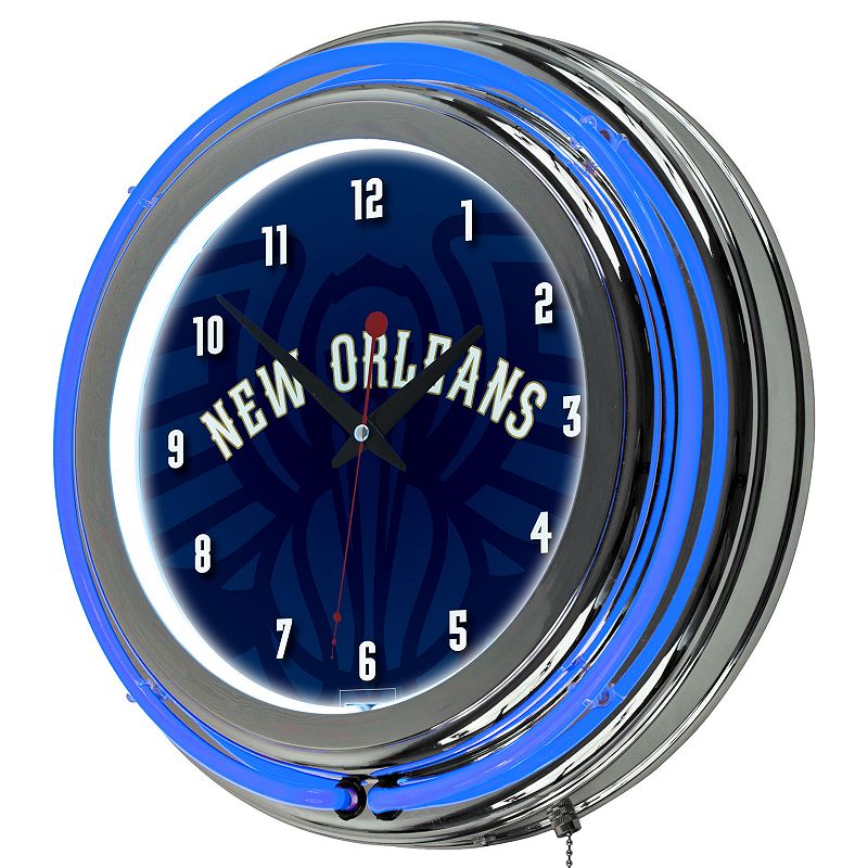 New Orleans Pelicans Chrome Double-Ring Neon Wall Clock, Blue