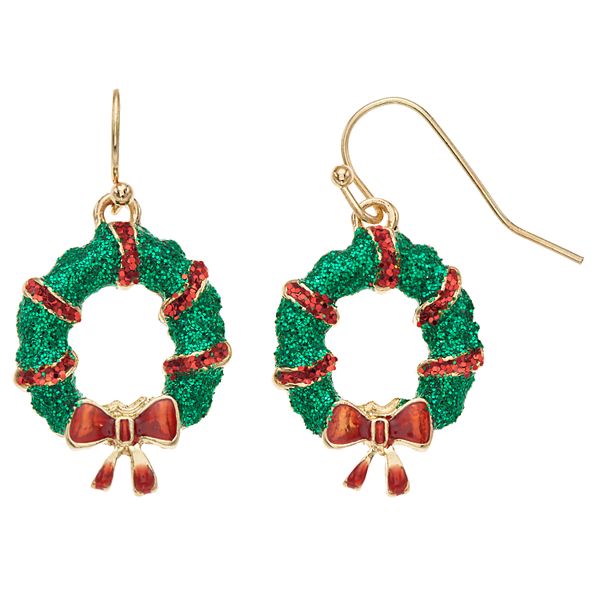 Green Glitter Wreath Nickel Free Drop Earrings