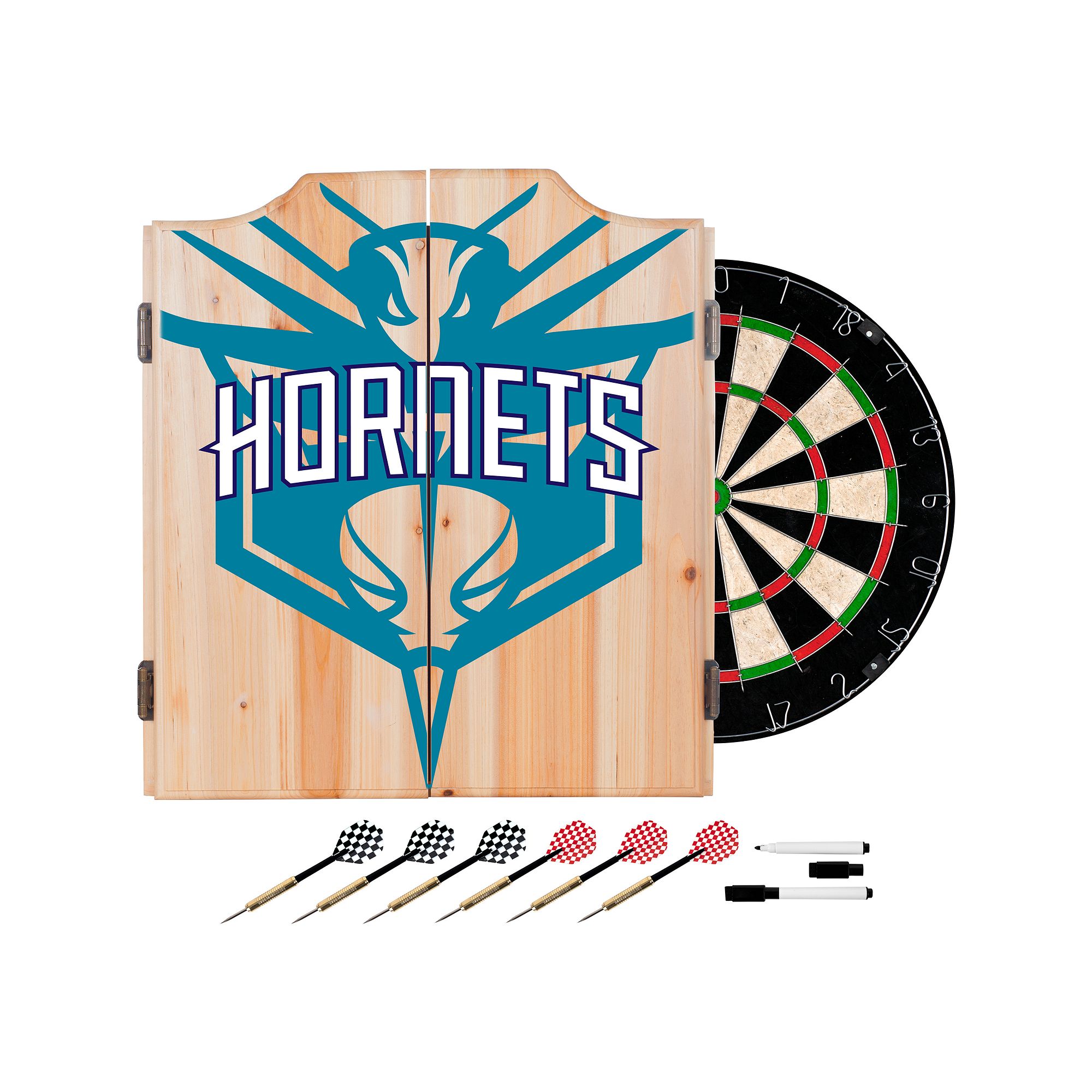 Charlotte Hornets Wood Dart Cabinet Set, Chr Blue