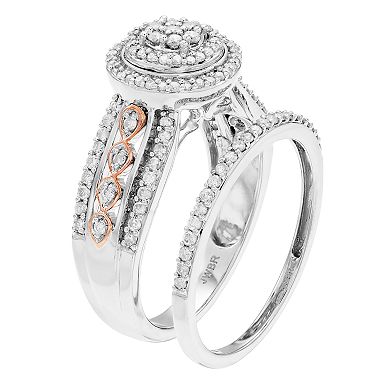 Always Yours Two Tone Sterling Silver 1/2 Carat T.W. Diamond Halo Engagement Ring Set