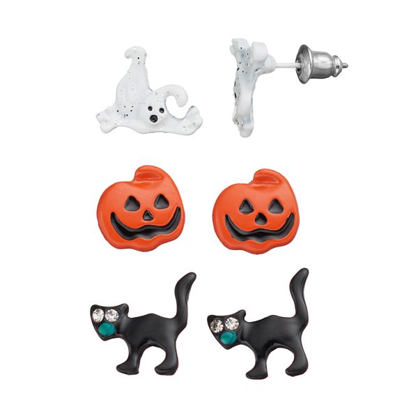 Halloween Ghost, Pumpkin & Black Cat Stud Earring Set