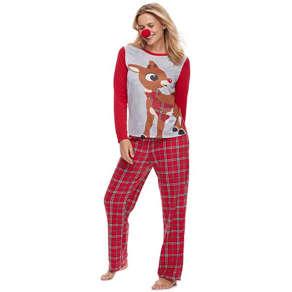 Women's Jammies For Your Families Rudolph the Red-Nosed Reindeer Sleep Top  & Plaid Bottoms Pajama Set with Red Nose Accessory