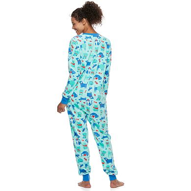 Women's Jammies For Your Families Microfleece Dog & Cat Pattern One-Piece Pajamas