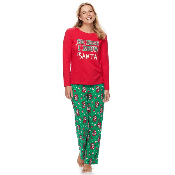 Women's Jammies For Your Families Be Nice I Know Santa Top & Santa  Microfleece Bottoms Pajama Set