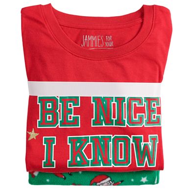 Women's Jammies For Your Families "Be Nice I Know Santa" Top & Santa Microfleece Bottoms Pajama Set