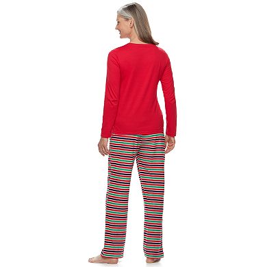 Women's Jammies For Your Families "This Family Loves Christmas" Sleep Top & Microfleece Striped Bottoms Pajama Set