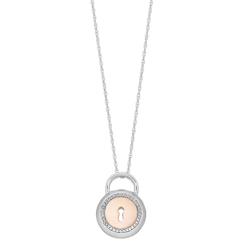 Two Tone Sterling Silver Lab-Created White Sapphire Lock Pendant Necklace,