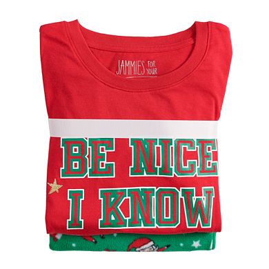 Plus Size Jammies For Your Families "Be Nice I Know Santa" Sleep Top & Santa Microfleece Bottoms Pajama Set