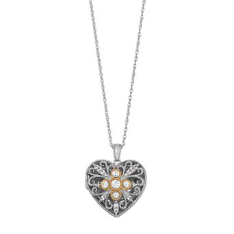 LeRose by Lexi and Rose Two Tone Sterling Silver Lab Created White Sapphire Filigree Heart Locket Necklace