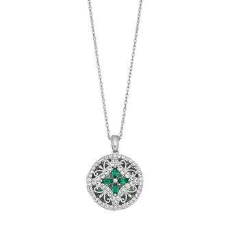 Sterling Silver Lab Created Emerald & White Sapphire Filigree Locket Necklace