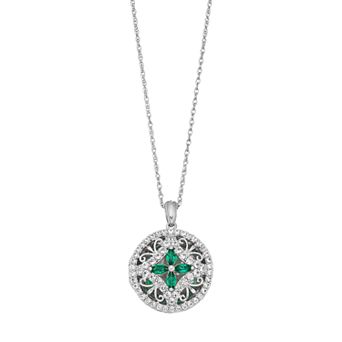 Sterling Silver Lab Created Emerald & White Sapphire Filigree Locket Necklace