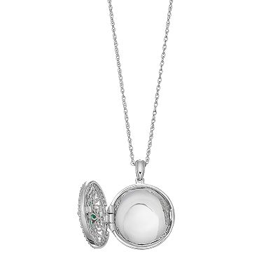Sterling Silver Lab Created Emerald & White Sapphire Filigree Locket Necklace