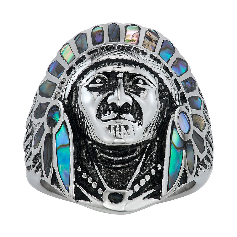 Mens Stainless Steel Abalone Native American Chief Ring, Size: 10, Blue