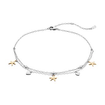 Sterling Silver Lab Created White Sapphire Starfish & Heart Anklet