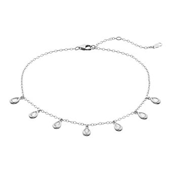 Sterling Silver Lab Created White Sapphire Teardrop Station Anklet