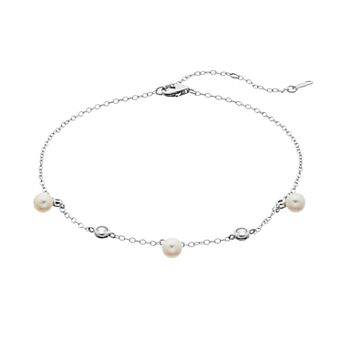 LeRose by Lexi and Rose Sterling Silver Freshwater Cultured Pearl & Lab Created White Sapphire Station Anklet