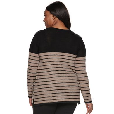 Plus Size Croft & Barrow® Seed-Stitch Color Block Crewneck Sweater