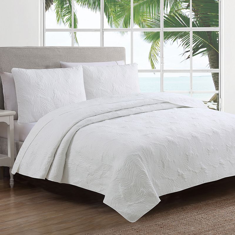 Leaf Stitch Quilt Set, White, Full/Queen