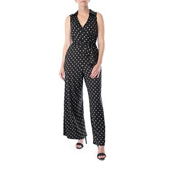 Women's Nina Leonard Print Collared Sleeveless Surplice Wide-Leg Jumpsuit