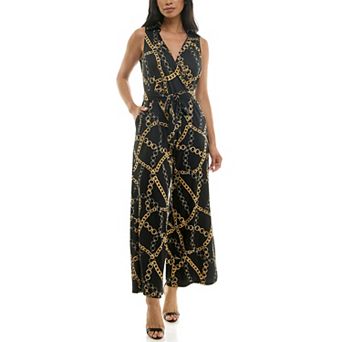 Women's Nina Leonard Print Collared Sleeveless Surplice Wide-Leg Jumpsuit