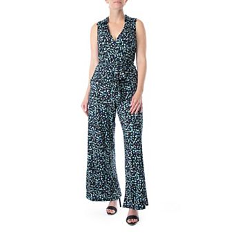 Women's Nina Leonard Print Collared Sleeveless Surplice Wide-Leg Jumpsuit