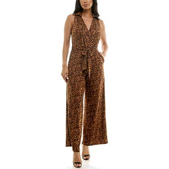 Women's Nina Leonard Print Collared Sleeveless Surplice Wide-Leg Jumpsuit