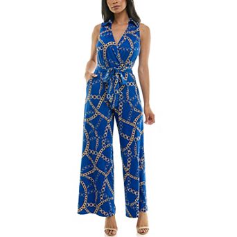 Women's Nina Leonard Print Collared Sleeveless Surplice Wide-Leg Jumpsuit