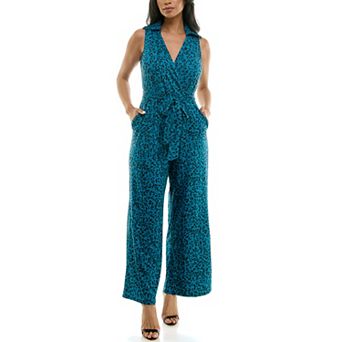 Women's Nina Leonard Print Collared Sleeveless Surplice Wide-Leg Jumpsuit
