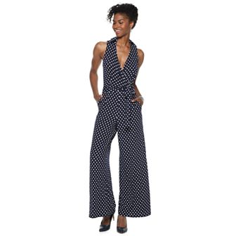 Women's Nina Leonard Print Collared Sleeveless Surplice Wide-Leg Jumpsuit