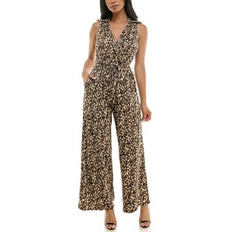 Women's Nina Leonard Print Collared Sleeveless Surplice Wide-Leg Jumpsuit