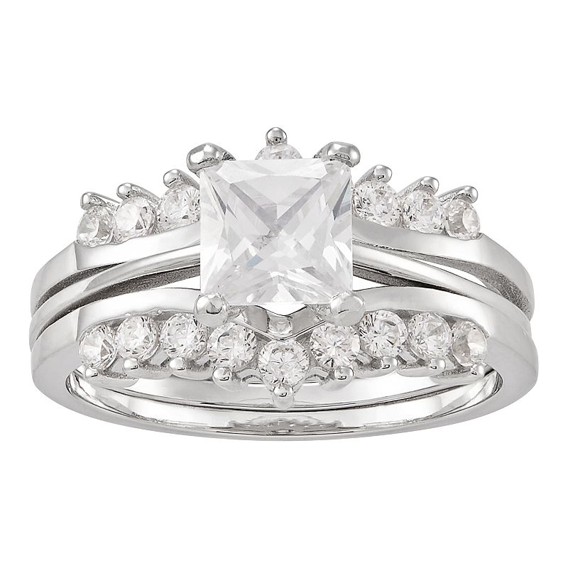 Sterling Silver Cubic Zirconia Engagement Ring Set, Womens, Size: 6, White