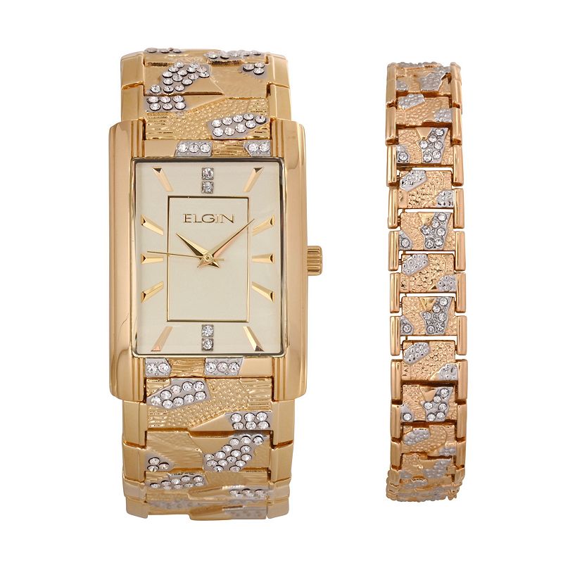 Elgin Men's Crystal Watch & Bracelet Set, Size: Small, Gold Tone