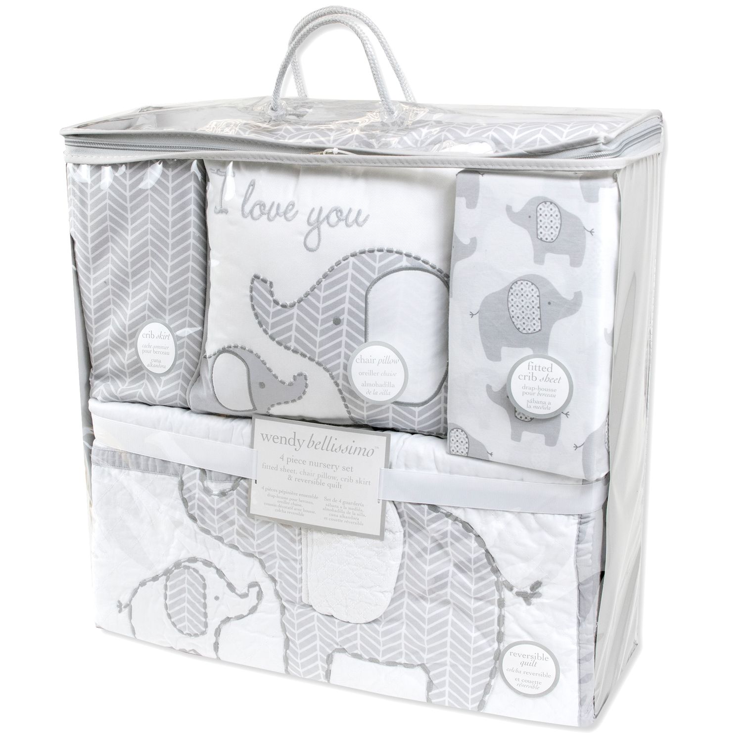 pink and grey elephant crib set