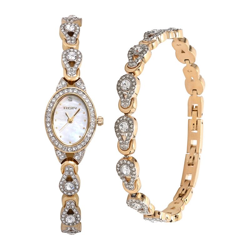 Elgin Womens Crystal Watch & Bracelet Set, Size: Small, Yellow
