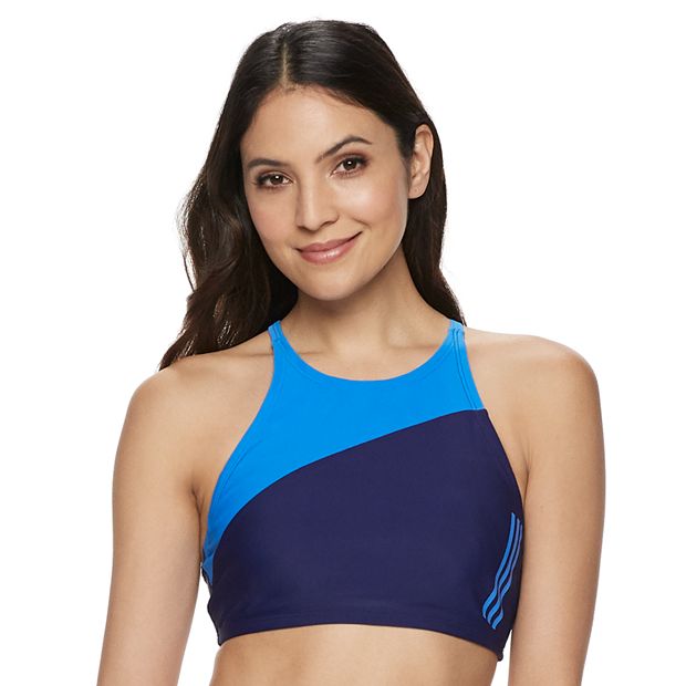 Womens adidas Solid colorblocked high neck tie back swim top with