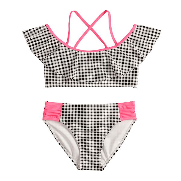 Girls 7-16 SO® Picnic Party Gingham Check Off-the-Shoulder Bikini Top ...