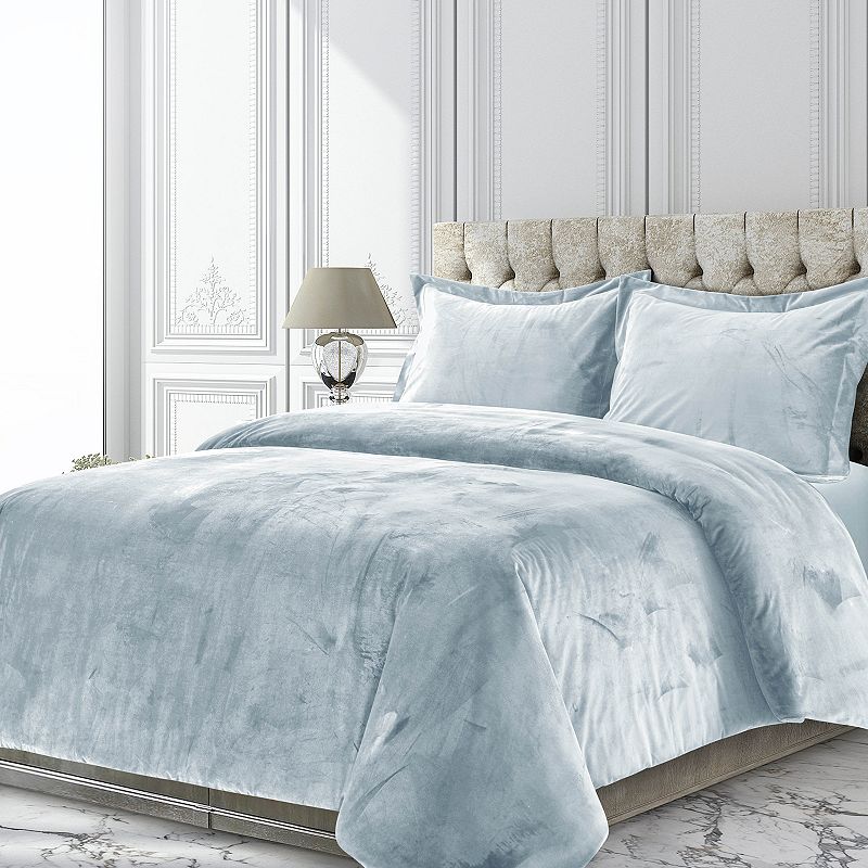 Tribeca Venice Velvet Oversized Solid Duvet Set, Light Blue, Queen