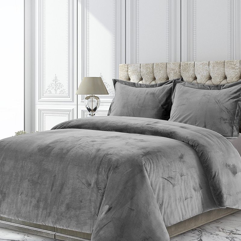 Tribeca Venice Velvet Oversized Solid Duvet Set, Med Grey, Queen