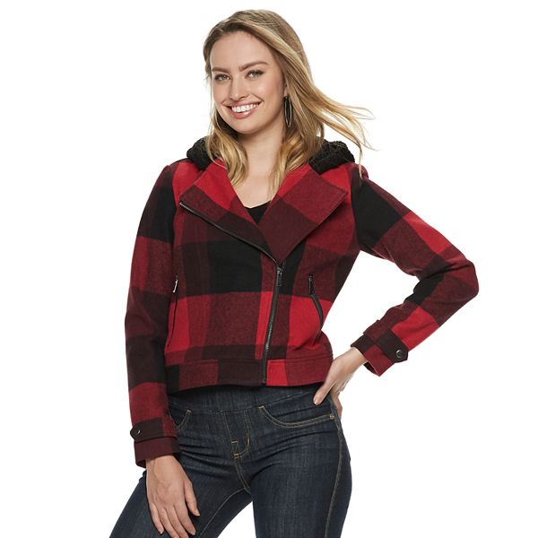 Women's Rock & Republic® Plaid Wool Blend Hooded Moto Jacket