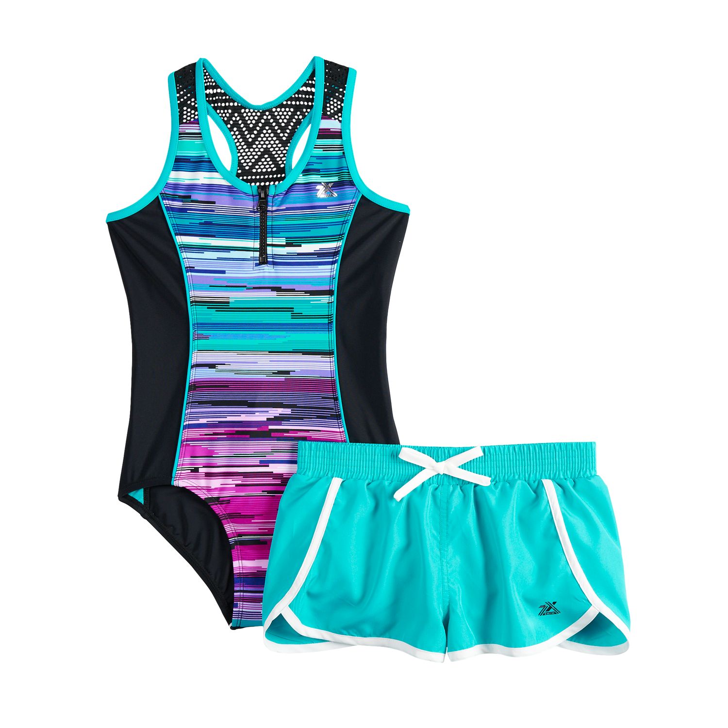 girl's one piece swimsuit with shorts