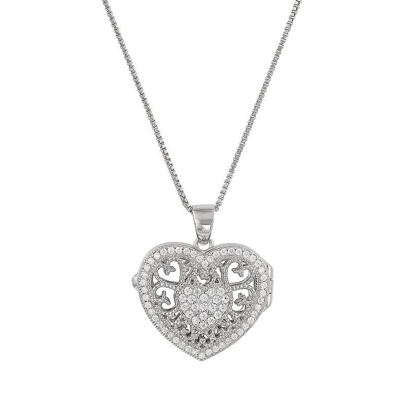 Everlasting Gold Sterling Silver Cubic Zirconia Heart Locket Necklace, Wom