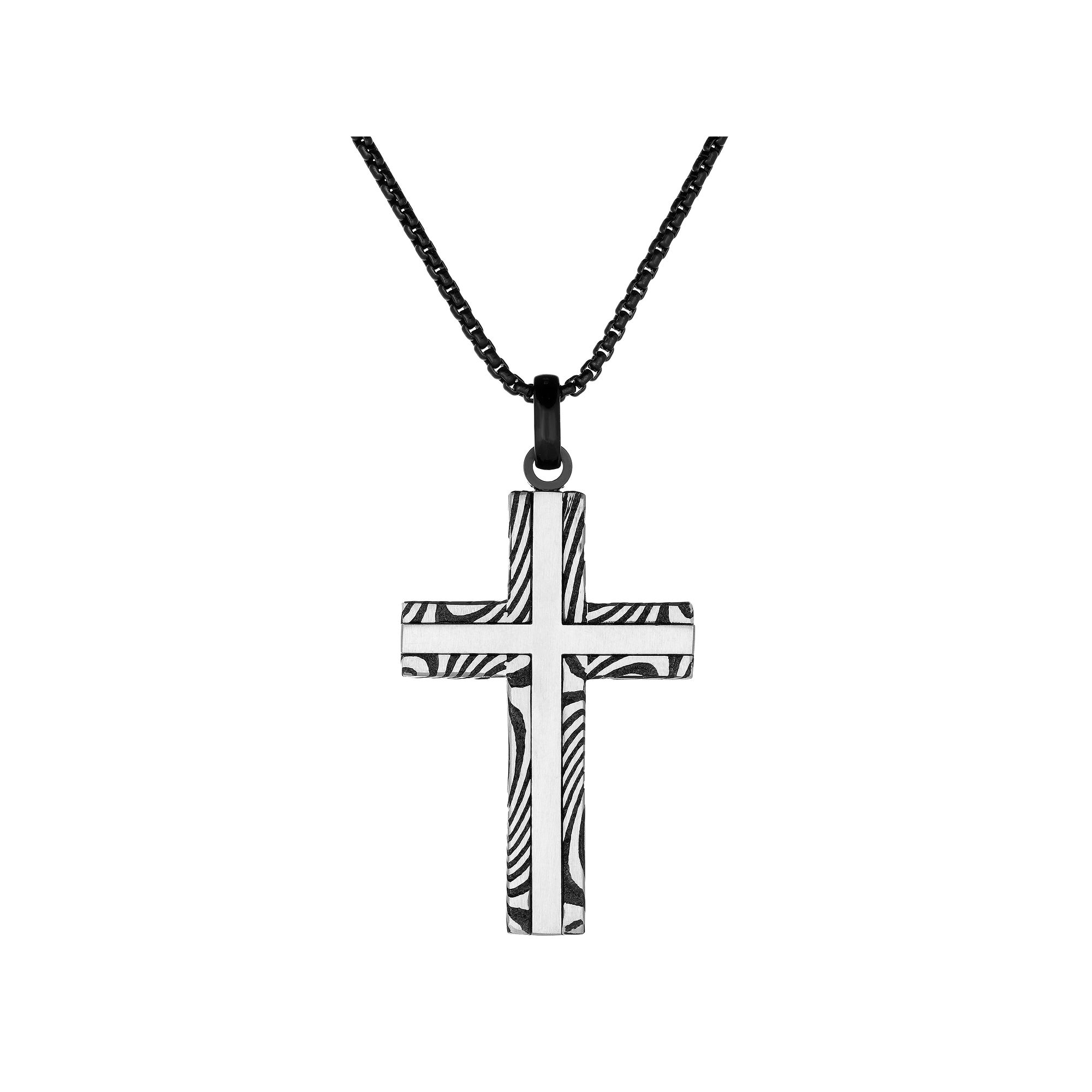 Mens LYNX Damascus Steel Striped Cross Pendant Necklace, Size: 24, Stai