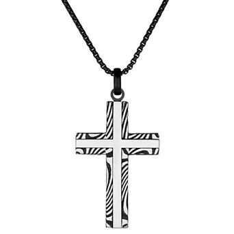 Men's LYNX Damascus Steel Striped Cross Pendant Necklace