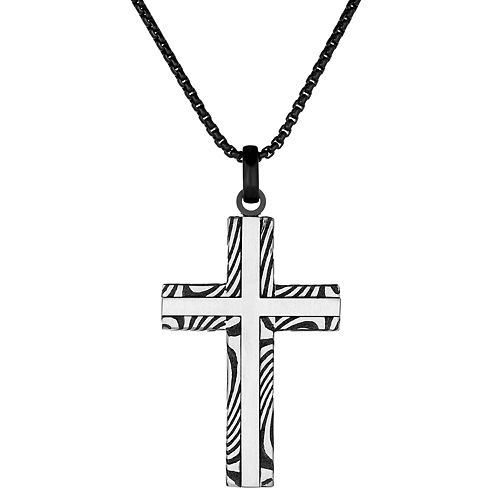 Men's LYNX Damascus Steel Striped Cross Pendant Necklace