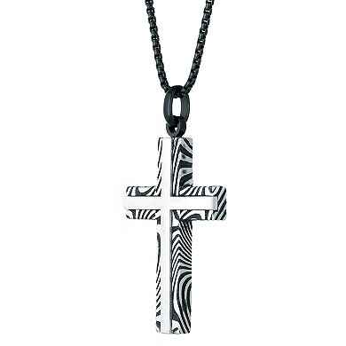 Men's LYNX Damascus Steel Striped Cross Pendant Necklace
