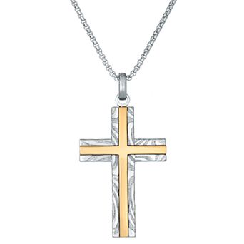 Men's LYNX Gold Inset Damascus Steel Cross Pendant Necklace